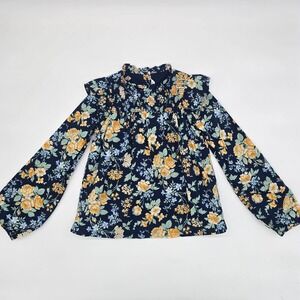 Janie and Jack Girls Floral Smocked Neck Long Sleeve Top Size 8 Navy Yellow